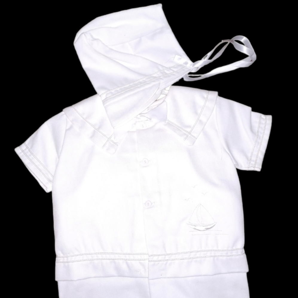 Vintage Something Pretty Cradle Club White Shirt Pants&Cap Sailboat Sz 18 months